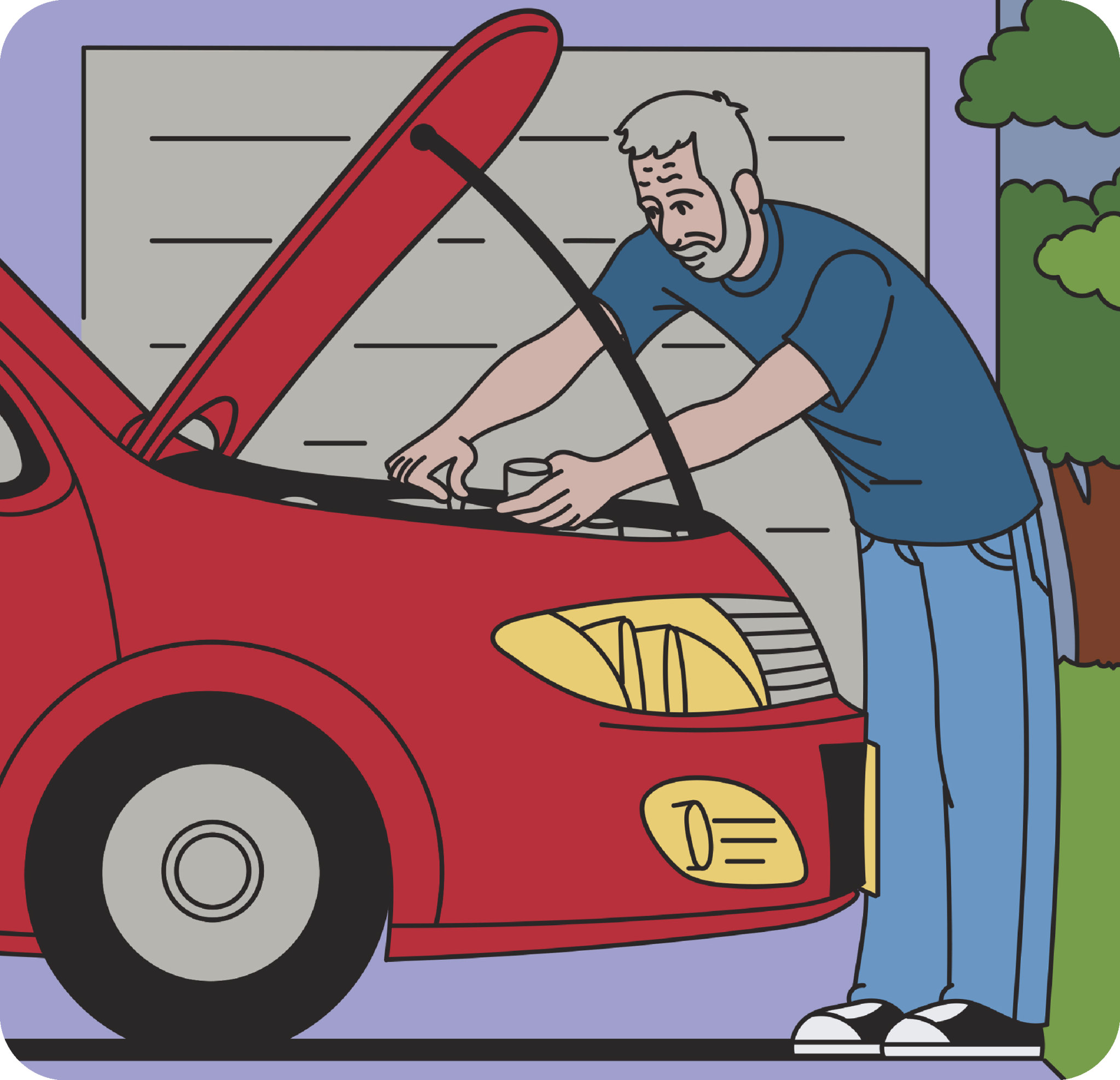 An older man looking into the bonnet of his car and and fixing something 