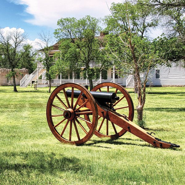 An antique cannon on a wooden carriage sits on a sunlit lawn in front of a white historic building