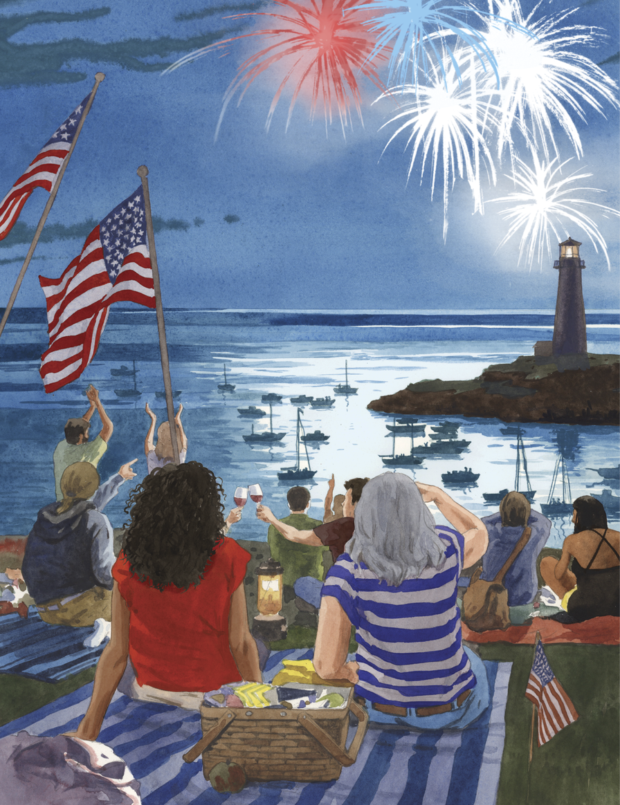 Illustration of several people sitting by the water on picnic blankets and looking at the fireworks. There are several people waving the flag of America and cheering 