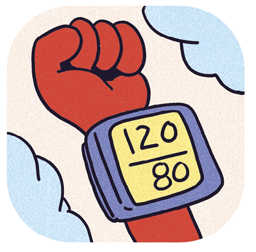 Illustration of the heart wearing a fitness watch with the heart rate 120/80 on it 