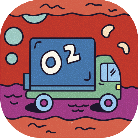 An illustrated van that seems to be driving through arteries. The van has O2 written on it 