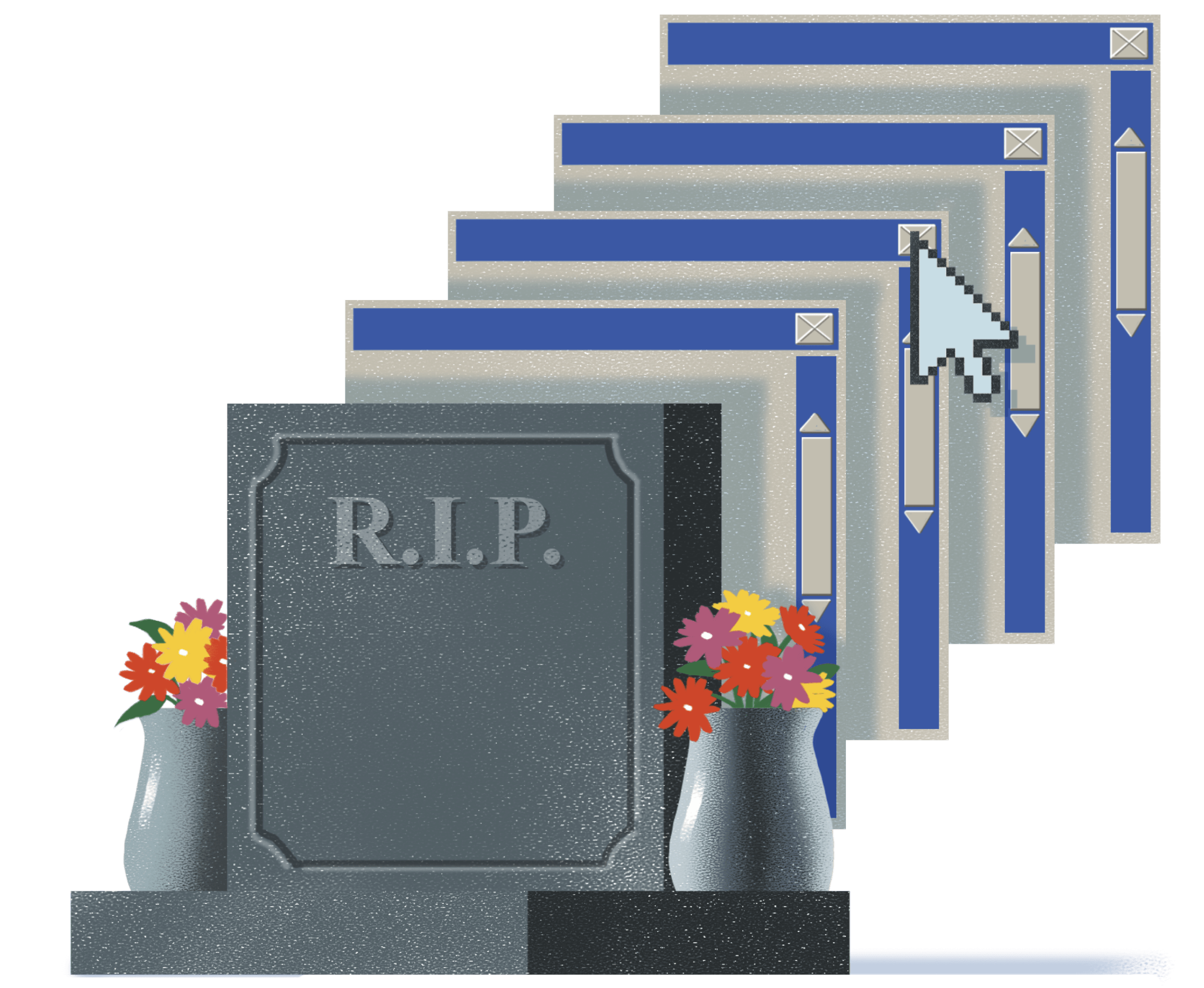 A gravestone with several window tabs behind it