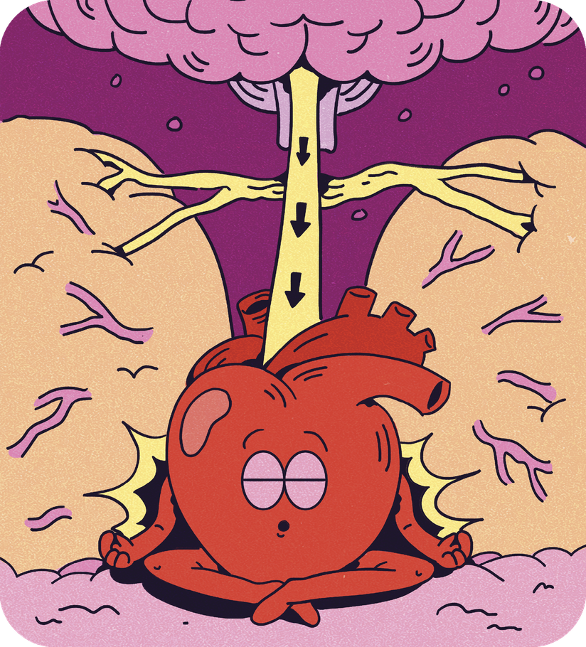 Illustration of the heart sitting between the lungs and connected to the brain while it meditates meditating. 