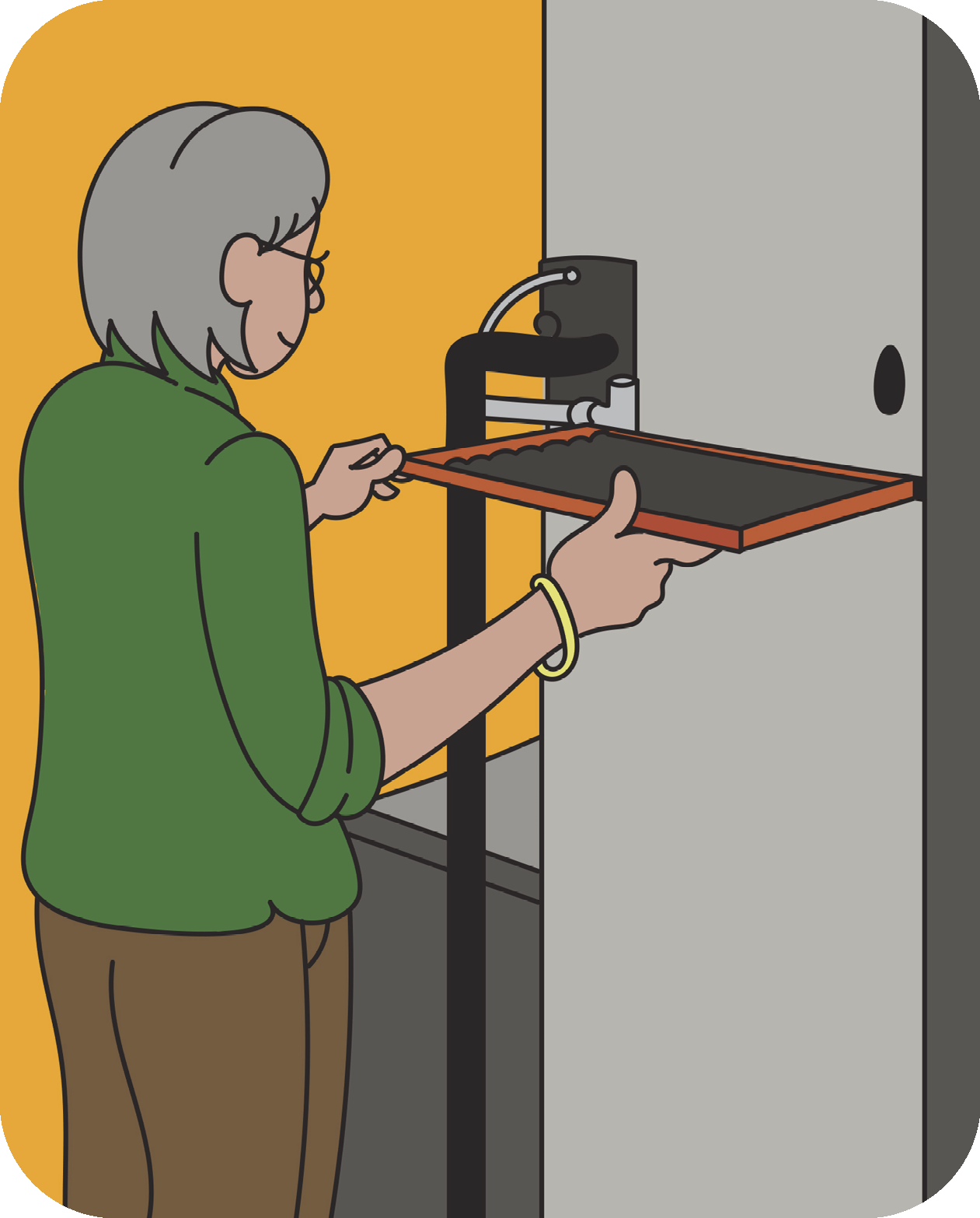 Illustration of an older woman replacing the filter in the HVAC system 