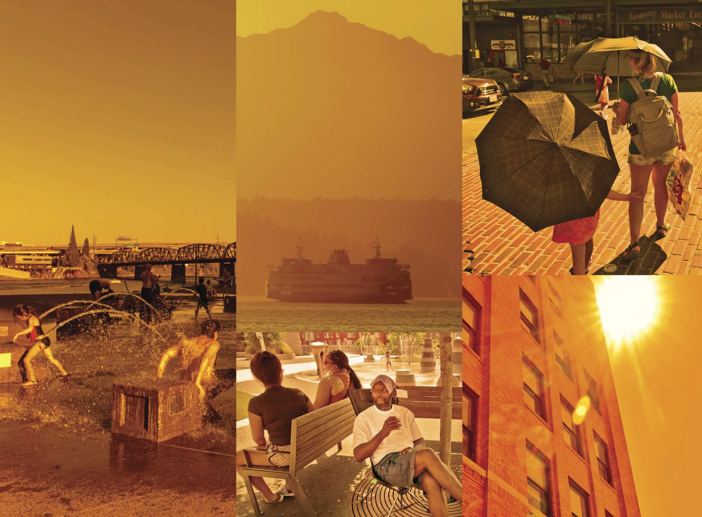 Photocollage of several different images that represent high temperature. There are children running around in water to cool themselves, people sitting on benches looking tired, people walking with umbrellas to protect them from the heat, and an image of the hot sun peeking out from behind a building. 