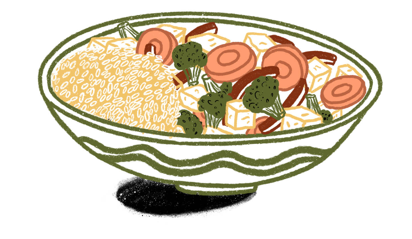Illustrated bowl half filled with white rice and the other half with tofu, broccoli, carrots and bell peppers. 