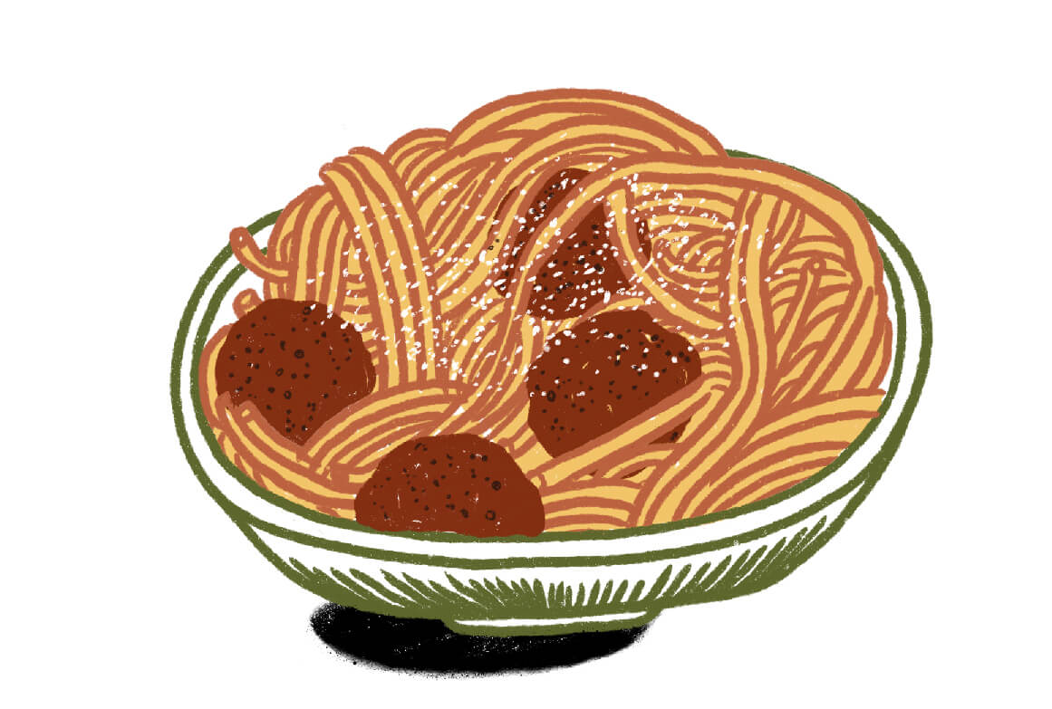 Illustration of a bowl with spaghetti and meatballs in it with grated parmesan on the top 