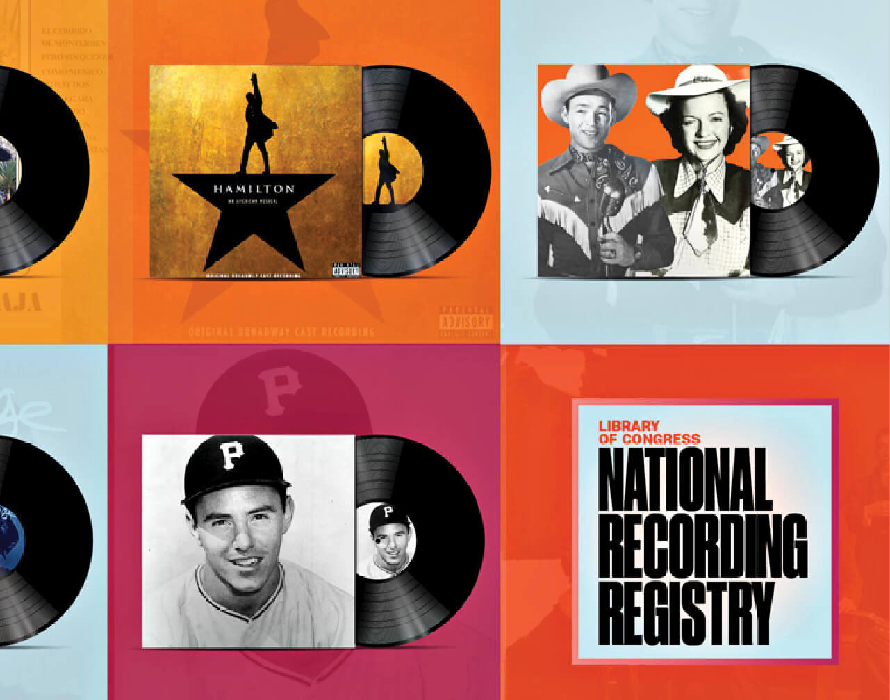 Photographs of different records from the Library of Congress’s National Recording Registry 
