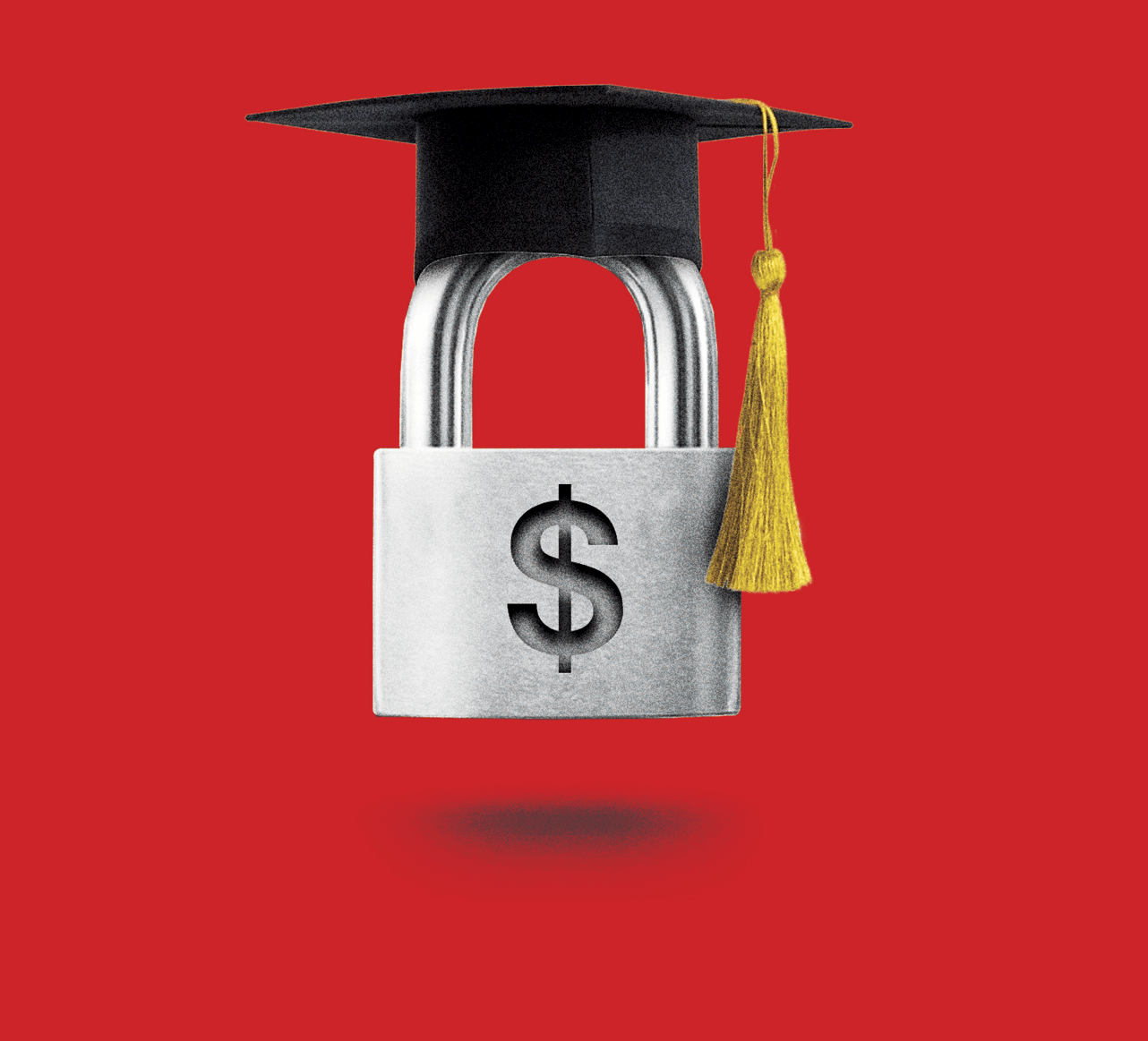 A padlock with a dollar sign and wearing a graduation cap 