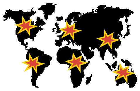 A silhouette of the world map with 6 locations marks on it 