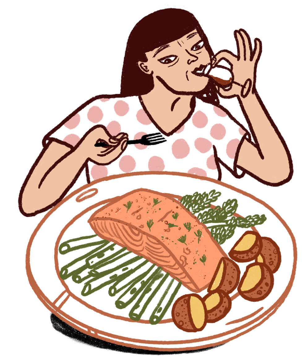 llustration of a plate with Salmon on a bed of asparagus with roasted potatoes on the side 