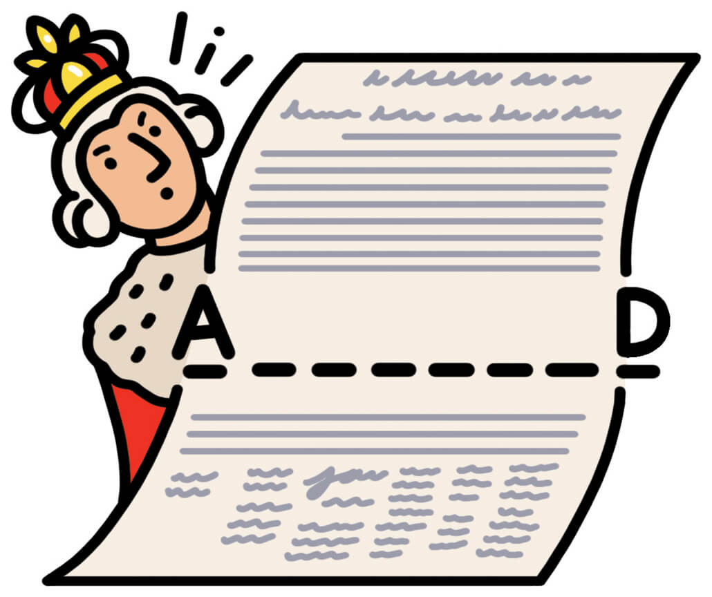 Illustration of a scroll with the letters A _ _ _ _ _ _ D on it. There is a man that is dressed like a kind behind the scroll looking at it with shock
