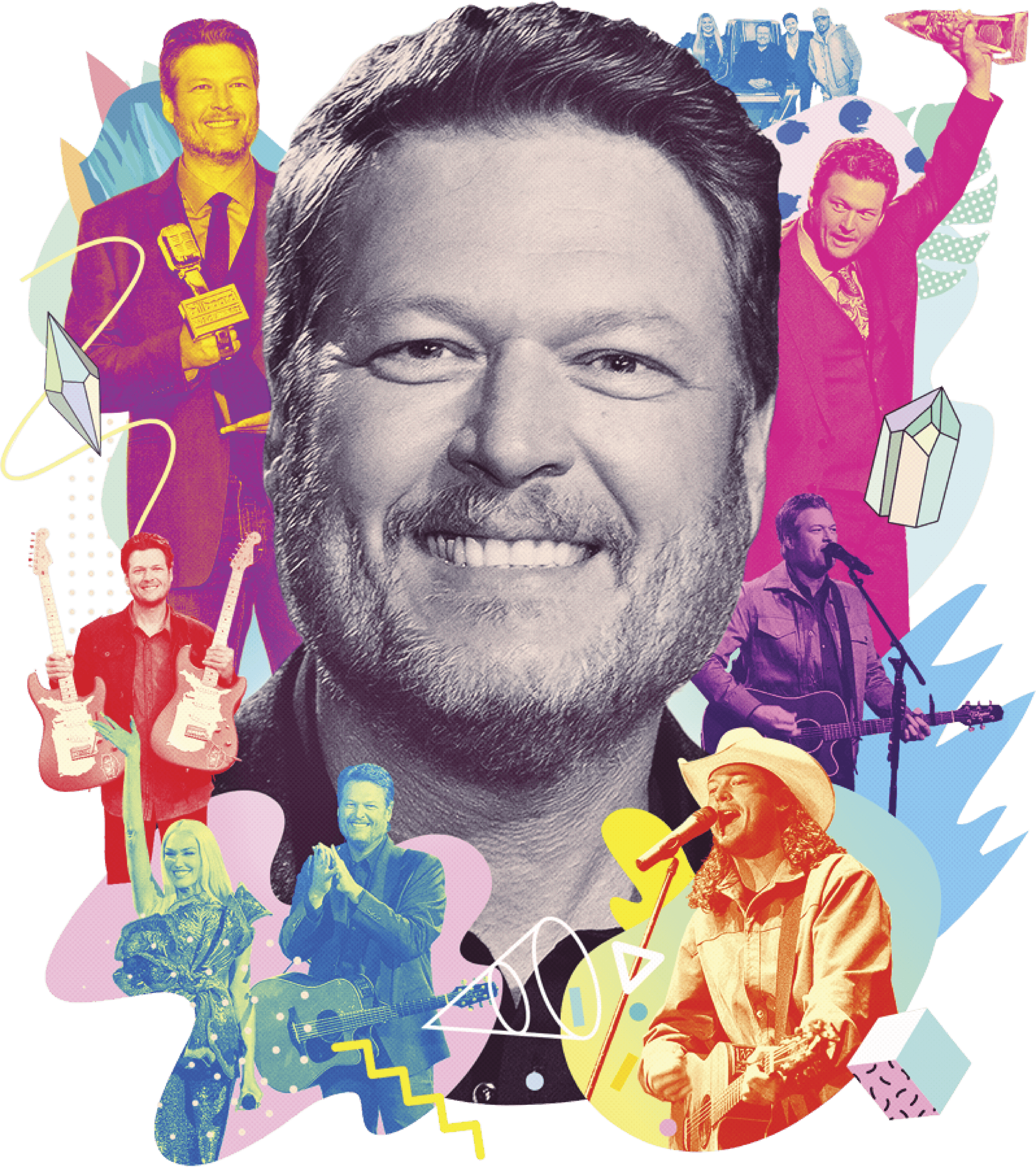 Photocollage of various images of Blake Shelton celebrating him and his craft