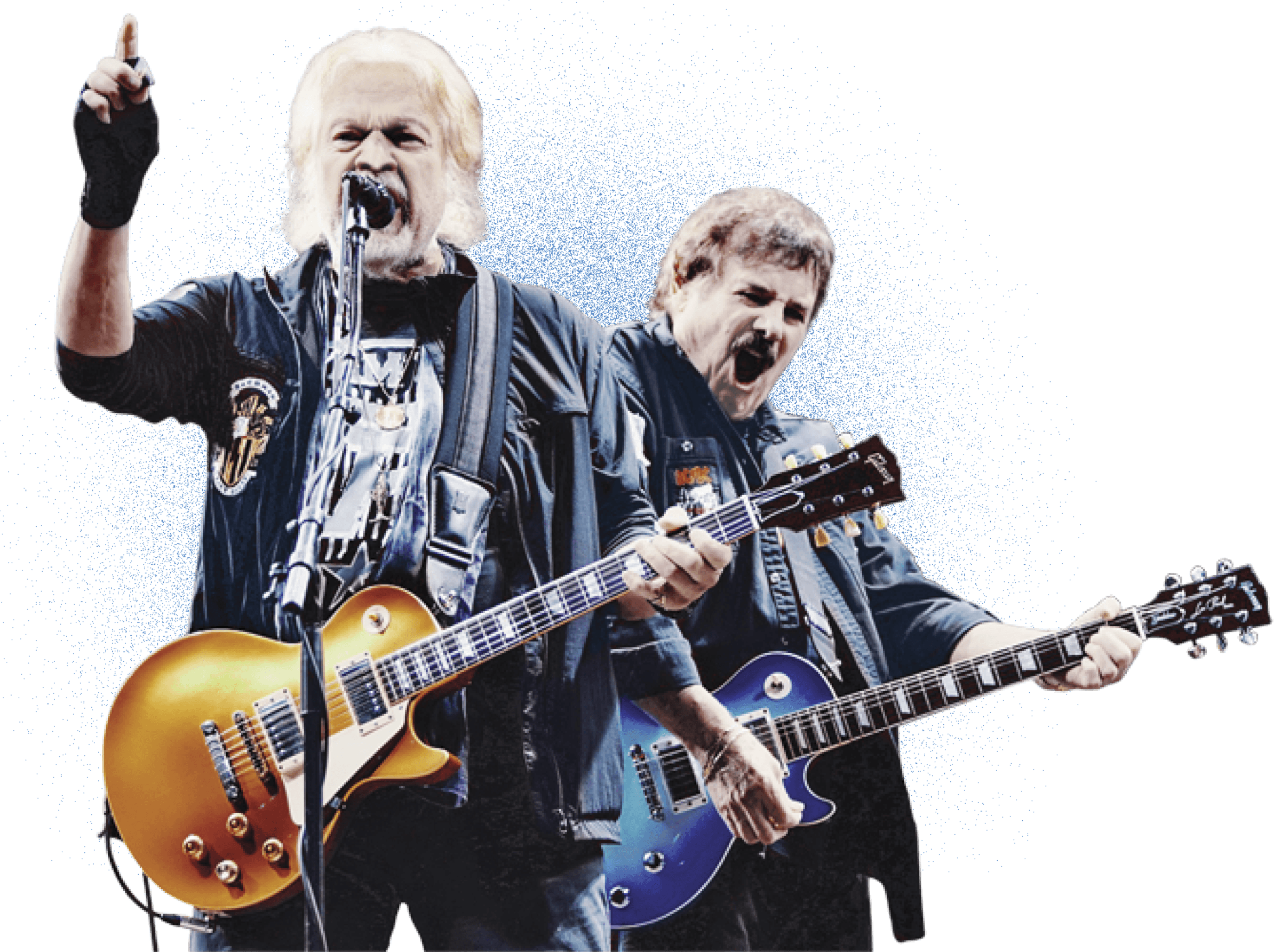 Images of Randy Bachman and Burton Cummings playing the electric guitar 