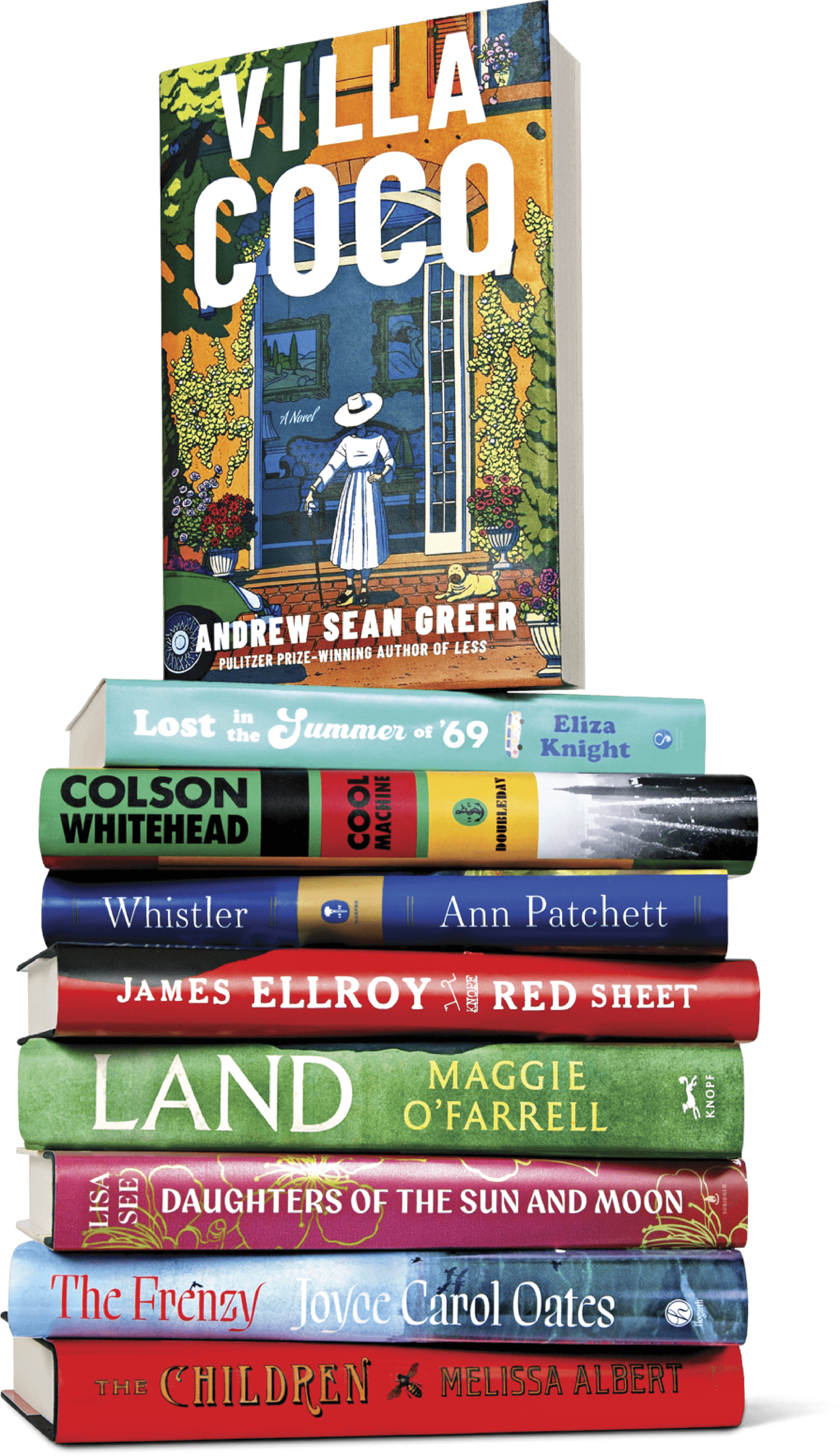 Vertical stack of the following books- Villa Coco, Lost In The Summer of ’69, Cool Machine, Whistler, Red Sheet, Land, Daughters of The Sun And Moon, The Frenzy and The Children.