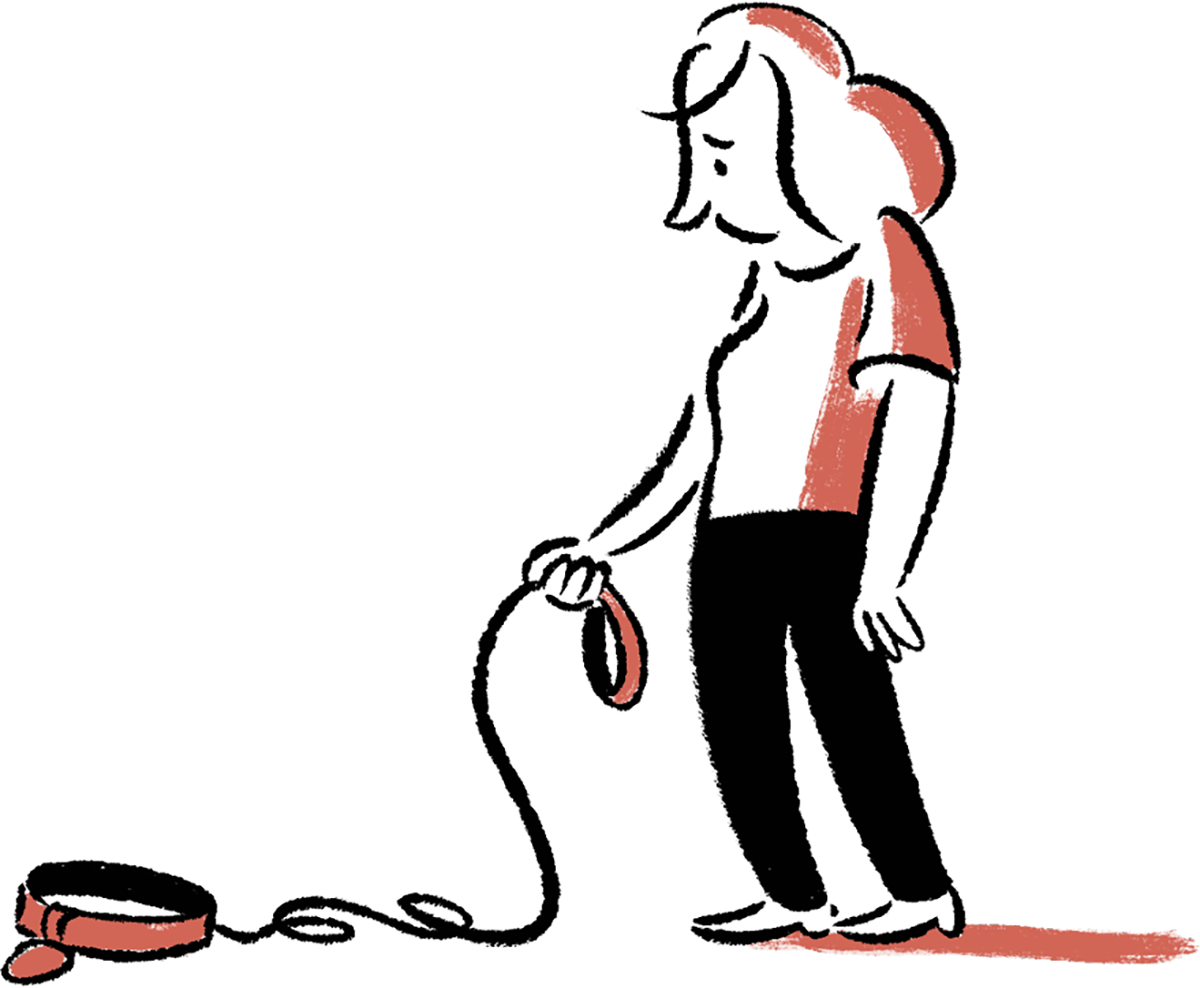 Illustration of a woman holding a leash and looking at the empty collar with sadness in her eyes 