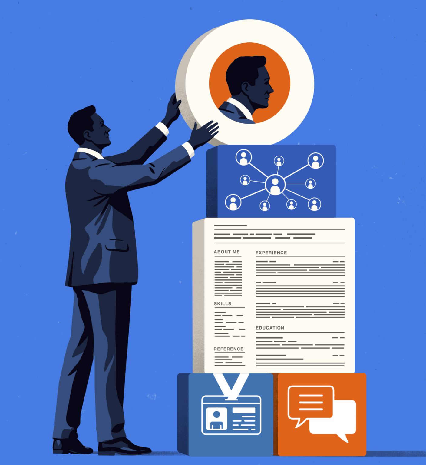 Illustration of a man stacking up resumes, text messages and a profile icon on top of each other