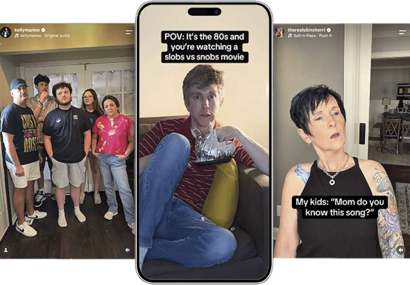 A cell phone showing a thumbnail of Craig Moorhead’s TikTok video. To the left and right of the phone are two other thumbnails of GenX Takeover creators