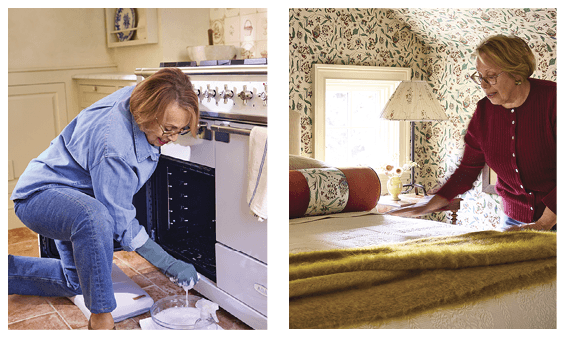 Barbara Costello cleaning the oven. Barbara Costella tiding up the sheets 