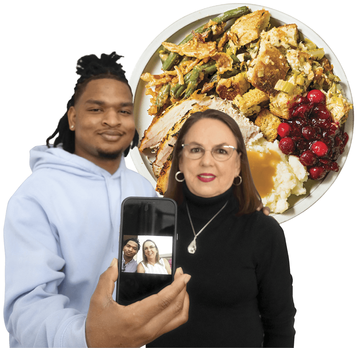 Image of Wanda Dench and Jamal Hinton with the top view of a Thanksgiving plate behind them 