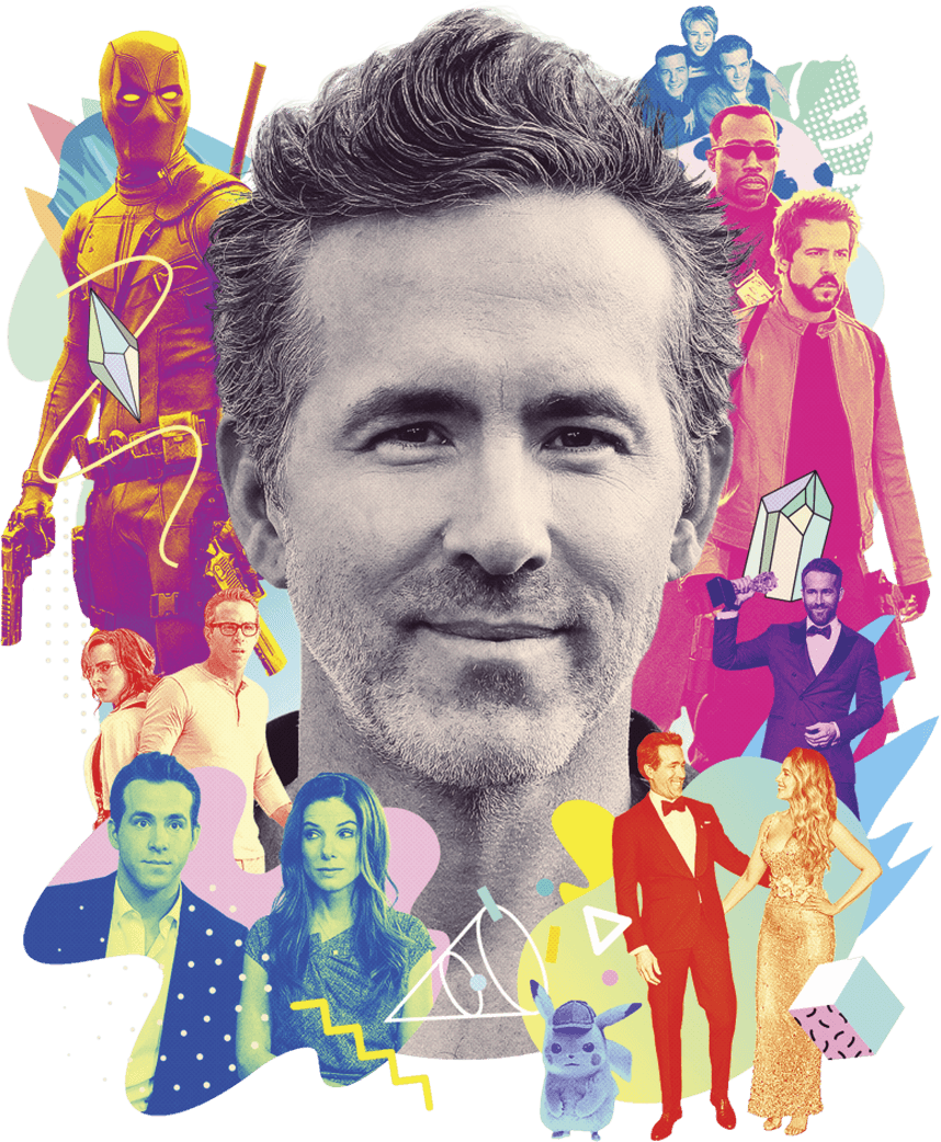 Collage of different image of Ryan Reynold’s from various movies he’s been in 