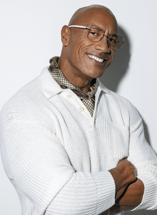 Potrait of Dwayne Johnson wearing a white knitted polo