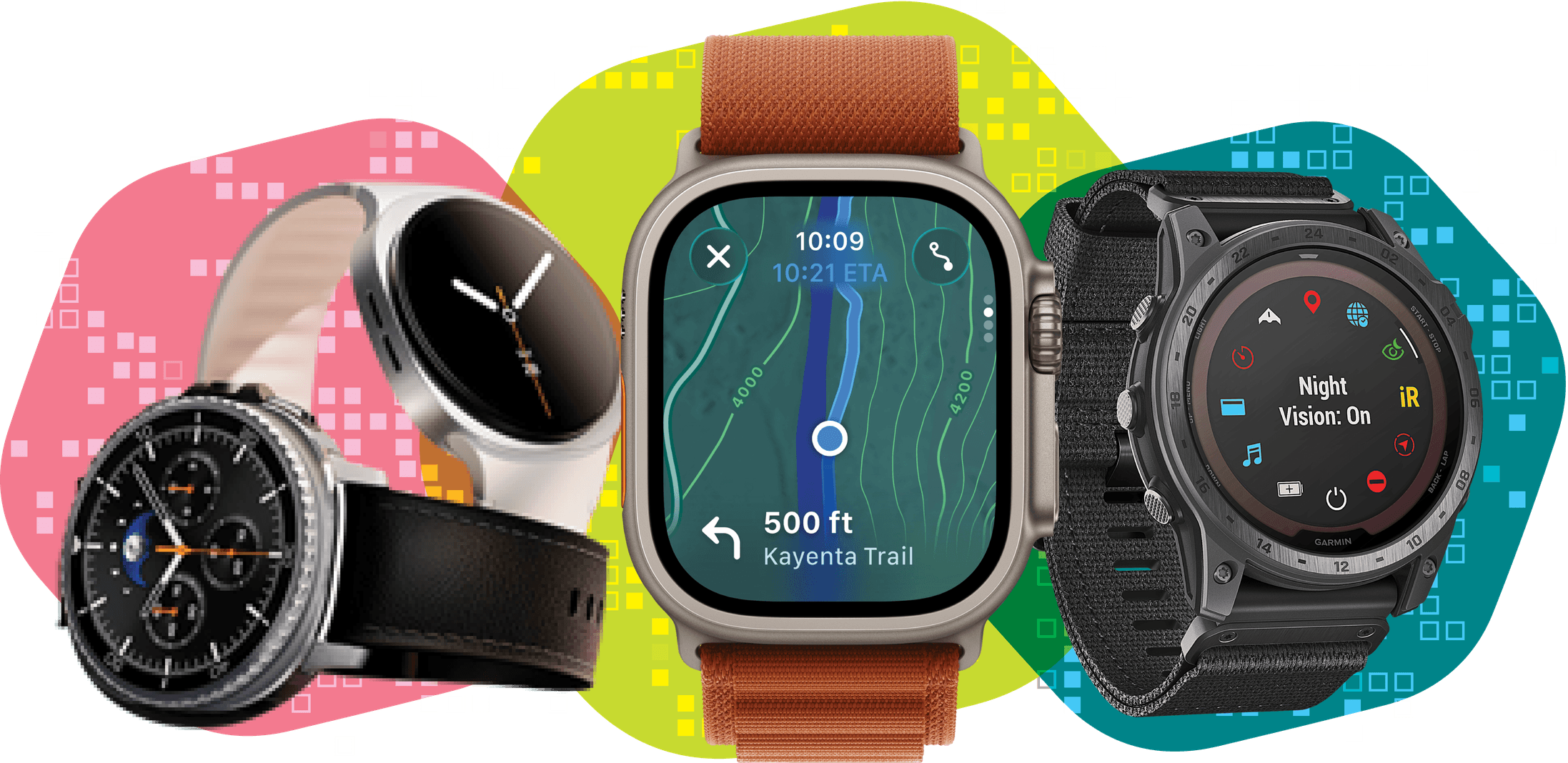 Collage of various smart watches stacked together 