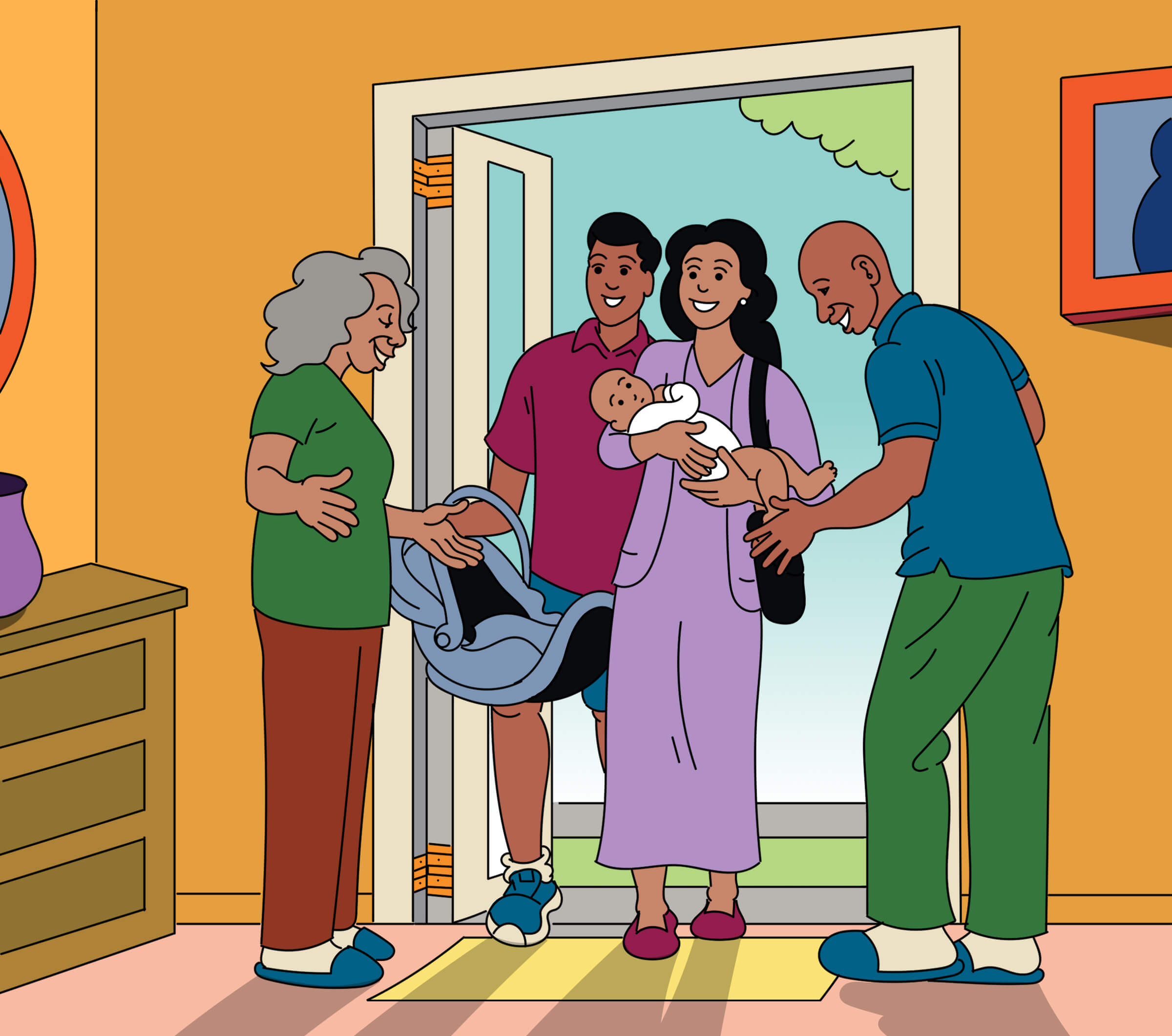 Illustration of a couple with a baby in their arms entering the grandparents’ house