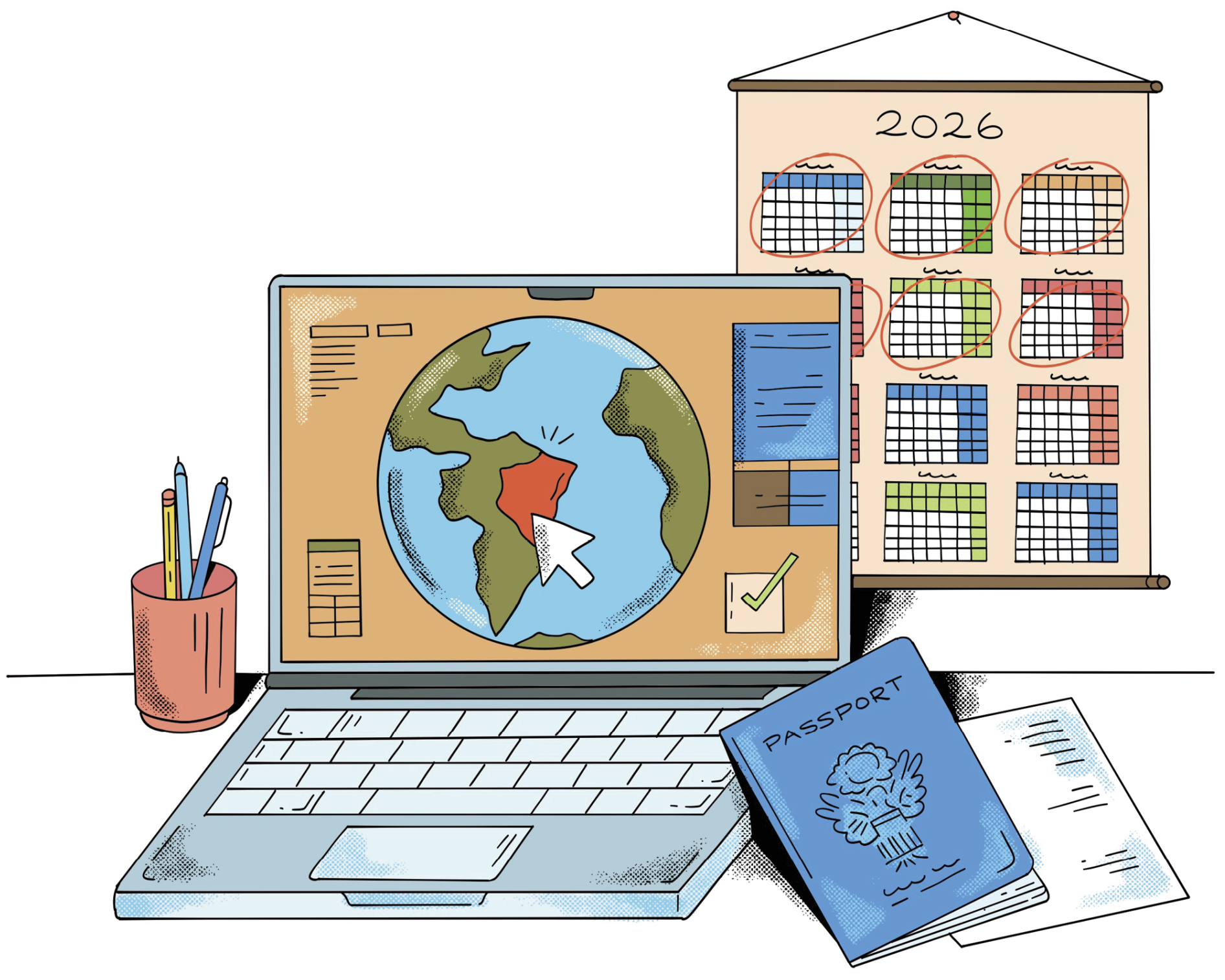 Illustration of an open laptop with an image of the earth on the desktop. A passport is in front of the laptop with a boarding pass in it 
