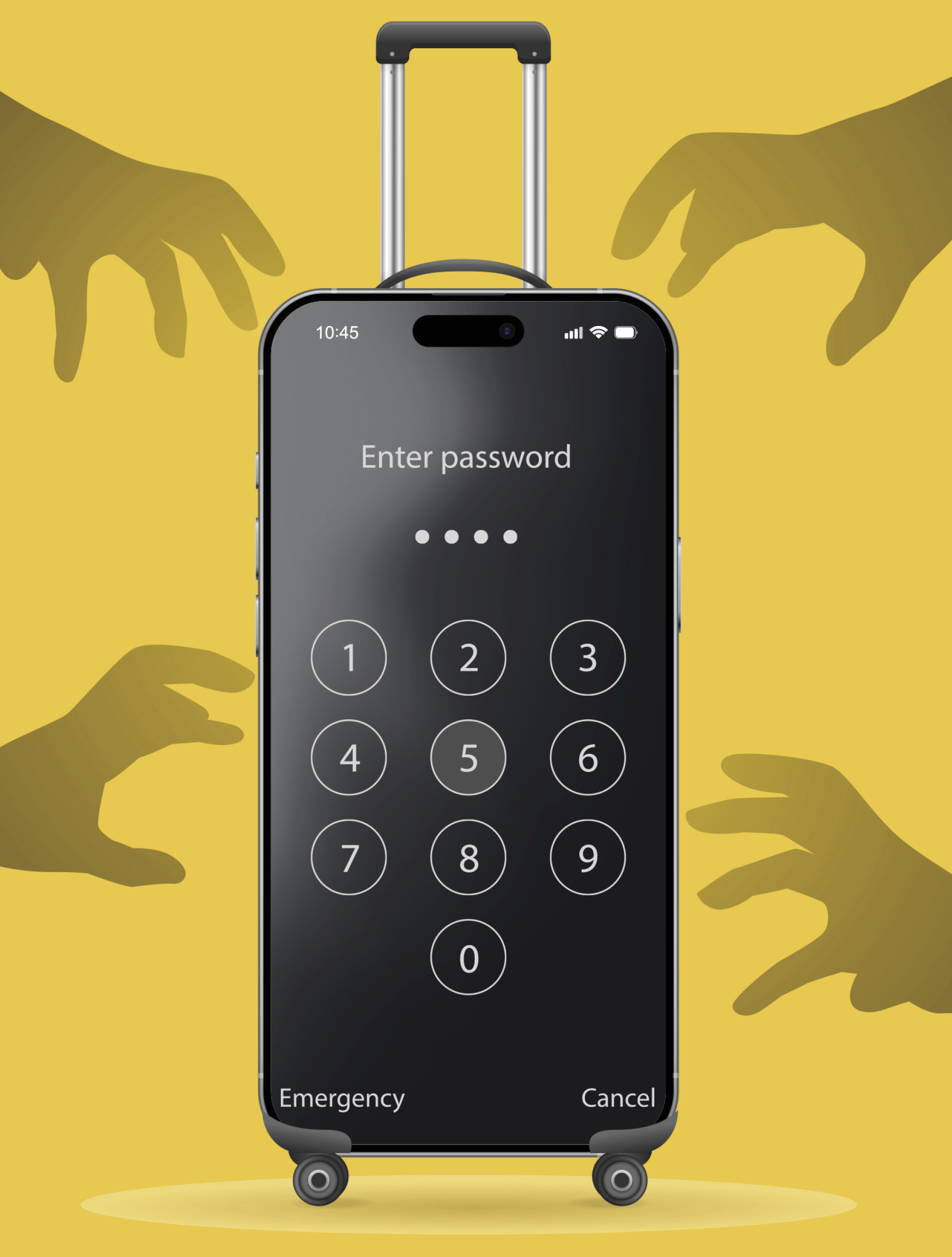 Photo collage of a phone with a suitcase handle on it and various hands out to grab the phone