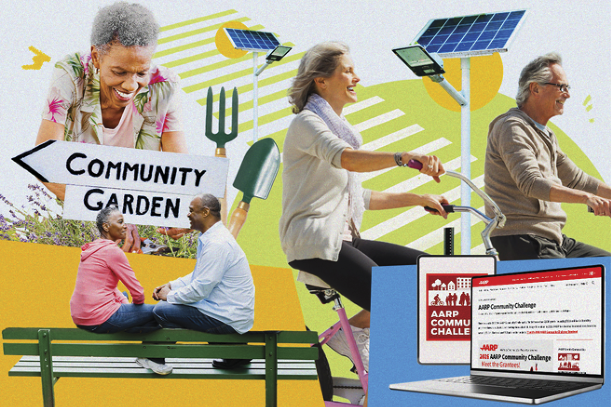 Collage of several people performing different activities. Two people ride their bike, while another is doing community gardening and two people sit on a bench talking 