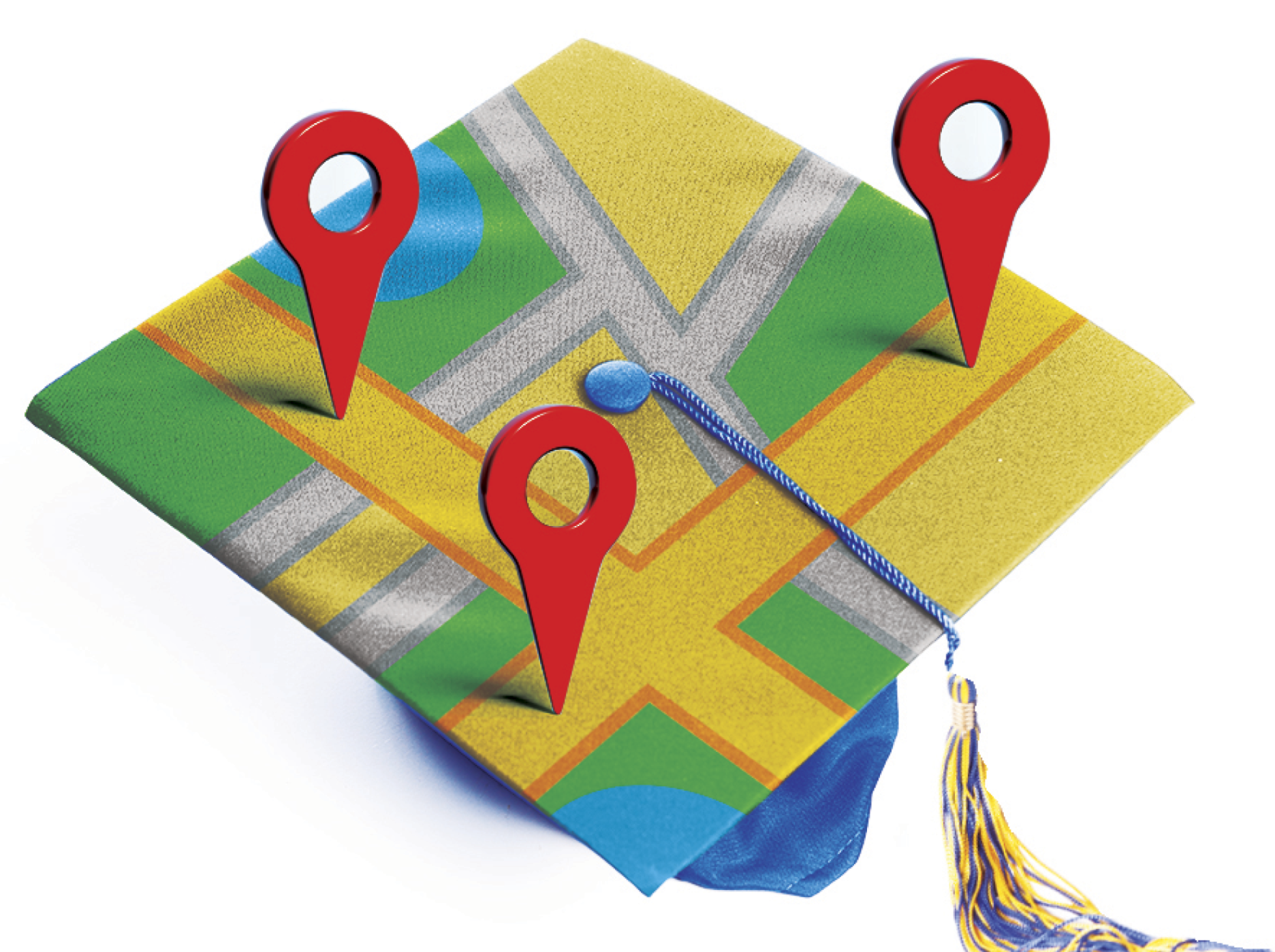 Photocollage of a graduation cap with google maps pattern and several dropped pins on it
