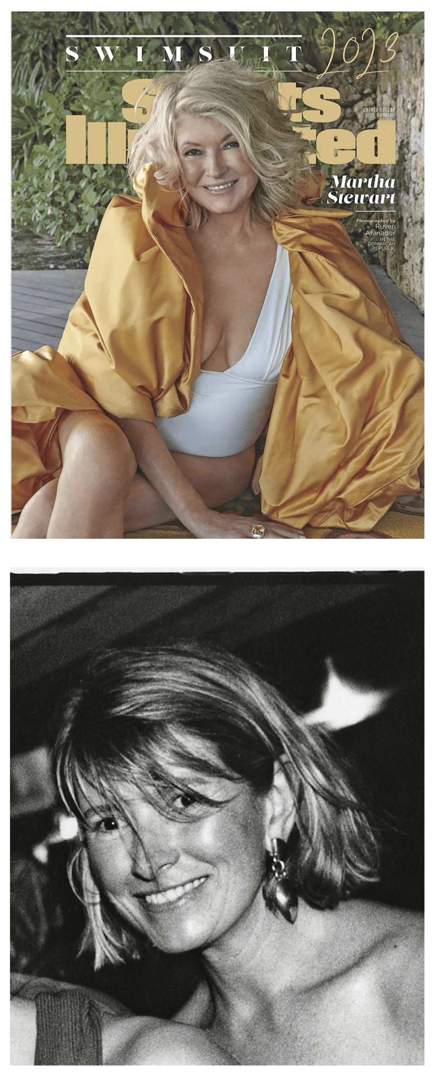 Marth Stewart on the cover of Sports Illustrated. Older black and white picture of Martha Stewart