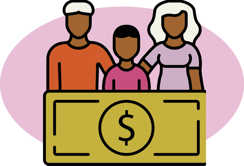 Illustration of a dollar bill with a family standing behind it