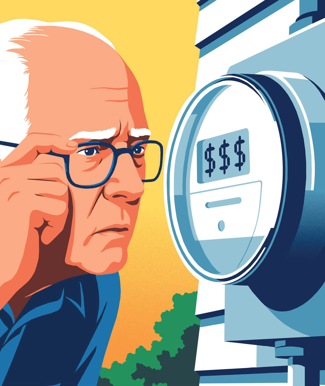 Illustration of a at an electricity meter with several dollar signs on it 