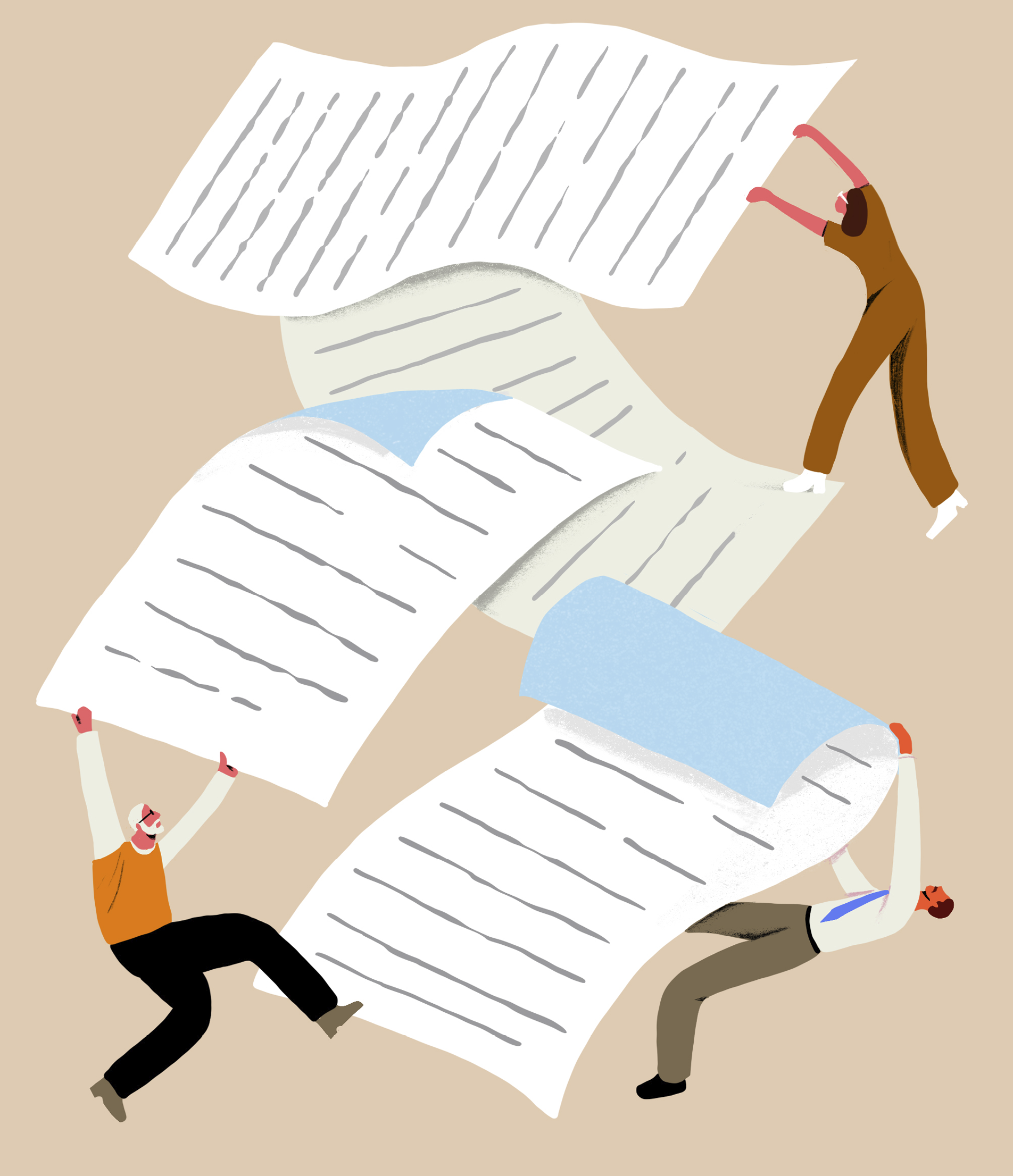 Illustration of several documents floating around with people holding onto them