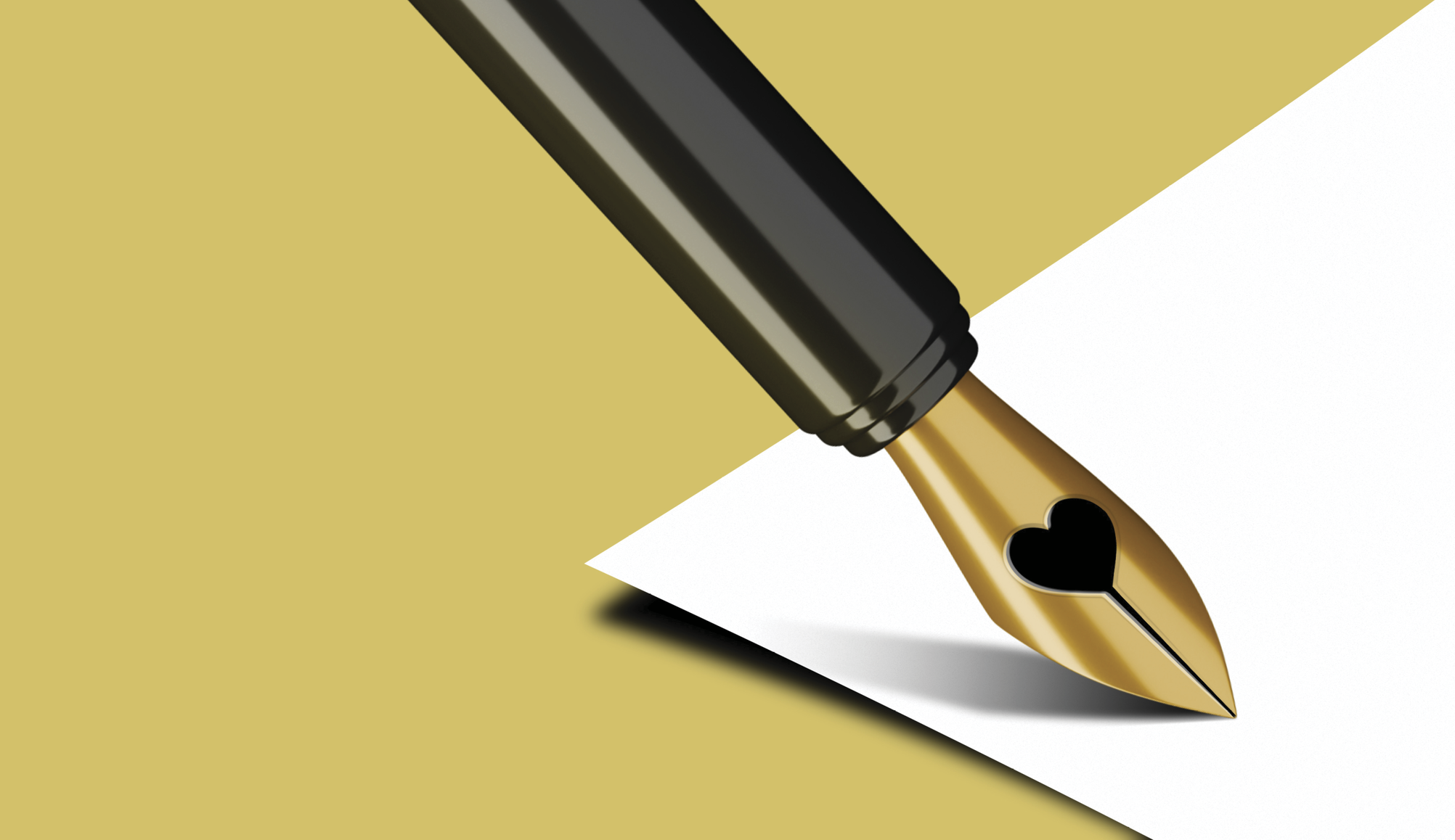Photocollage of a fountain pen writing on a piece of paper with a heart on it