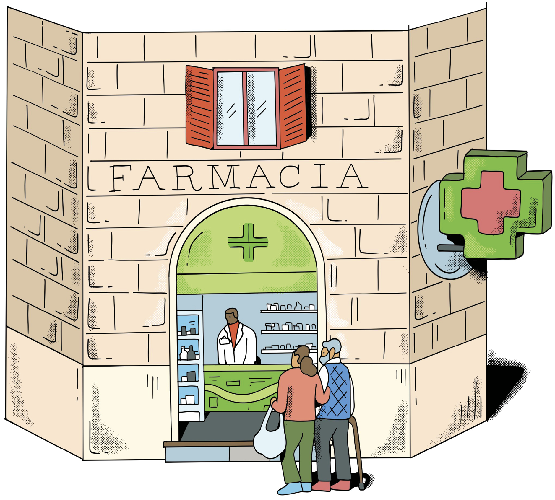 Illustration of the front of a pharmacy with an older couple walking in 