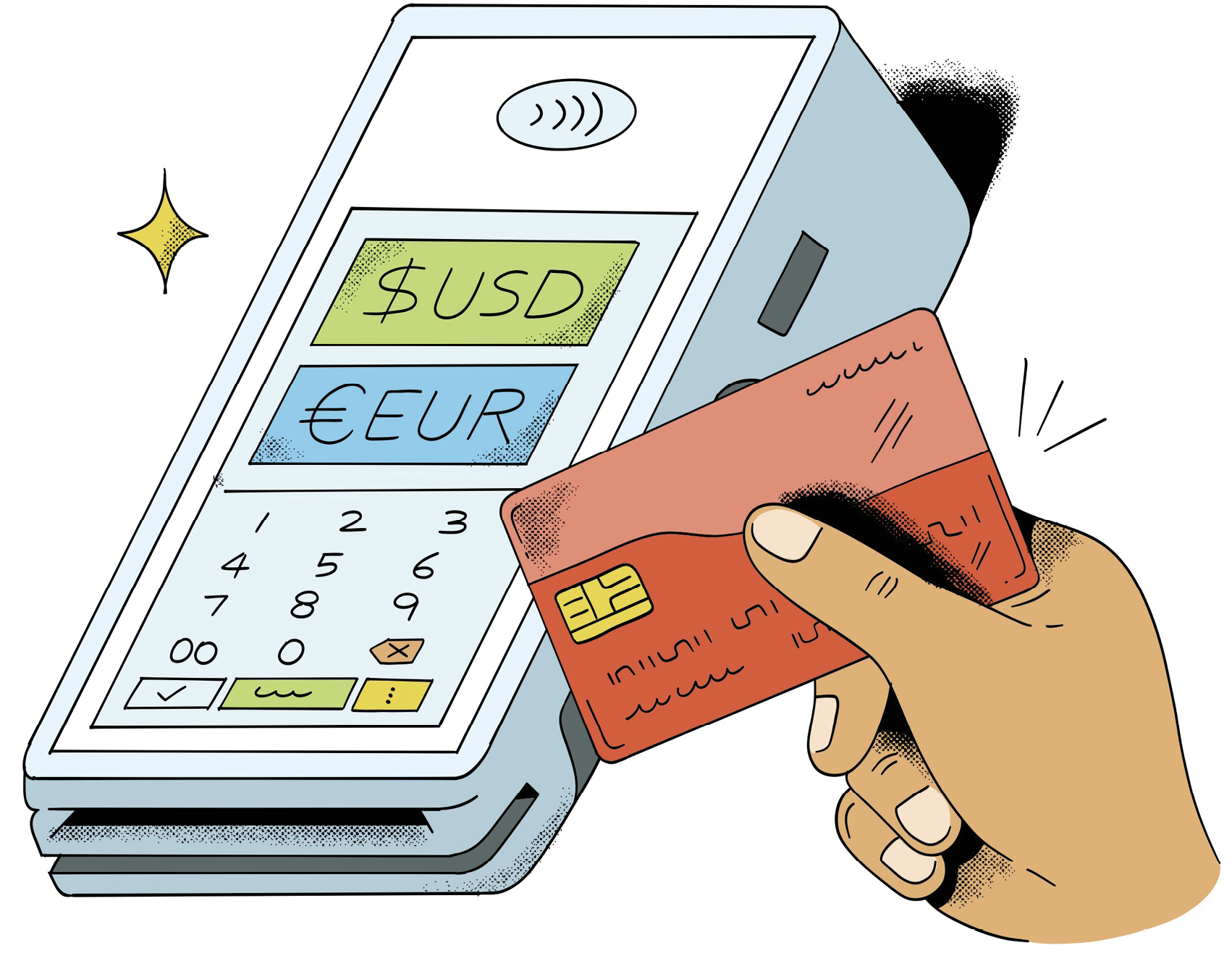Illustration of a payment terminal with someone tapping their card on it 
