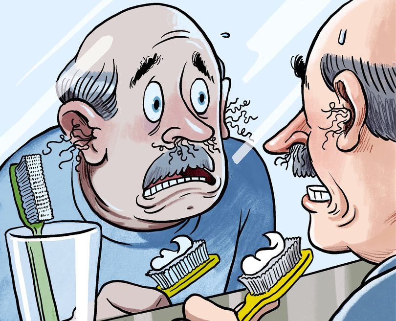 Illustration of a man looking into the mirror to see his nose hair and ear hair