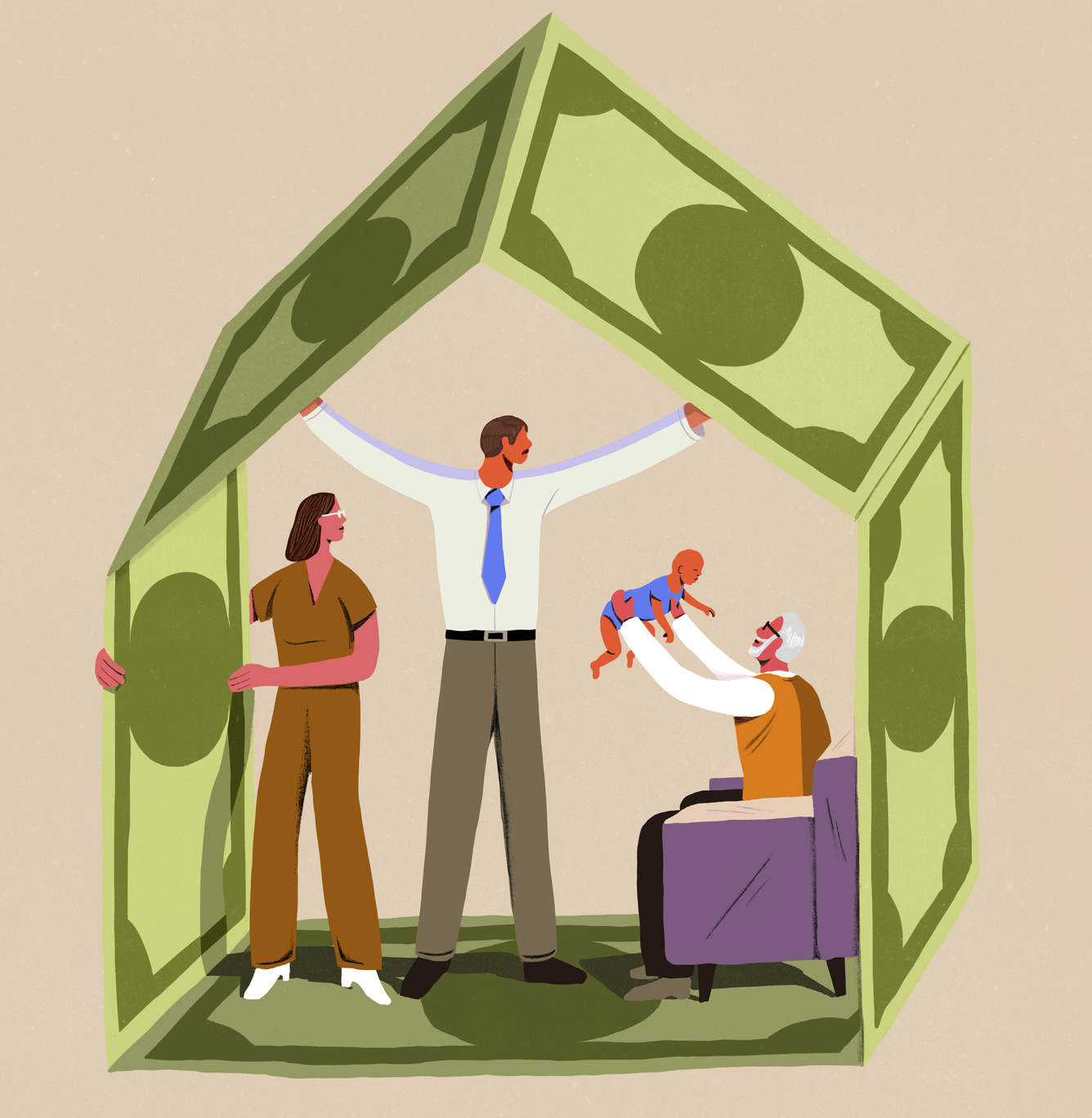 Illustration of a house made of dollar bills and a family siting in it