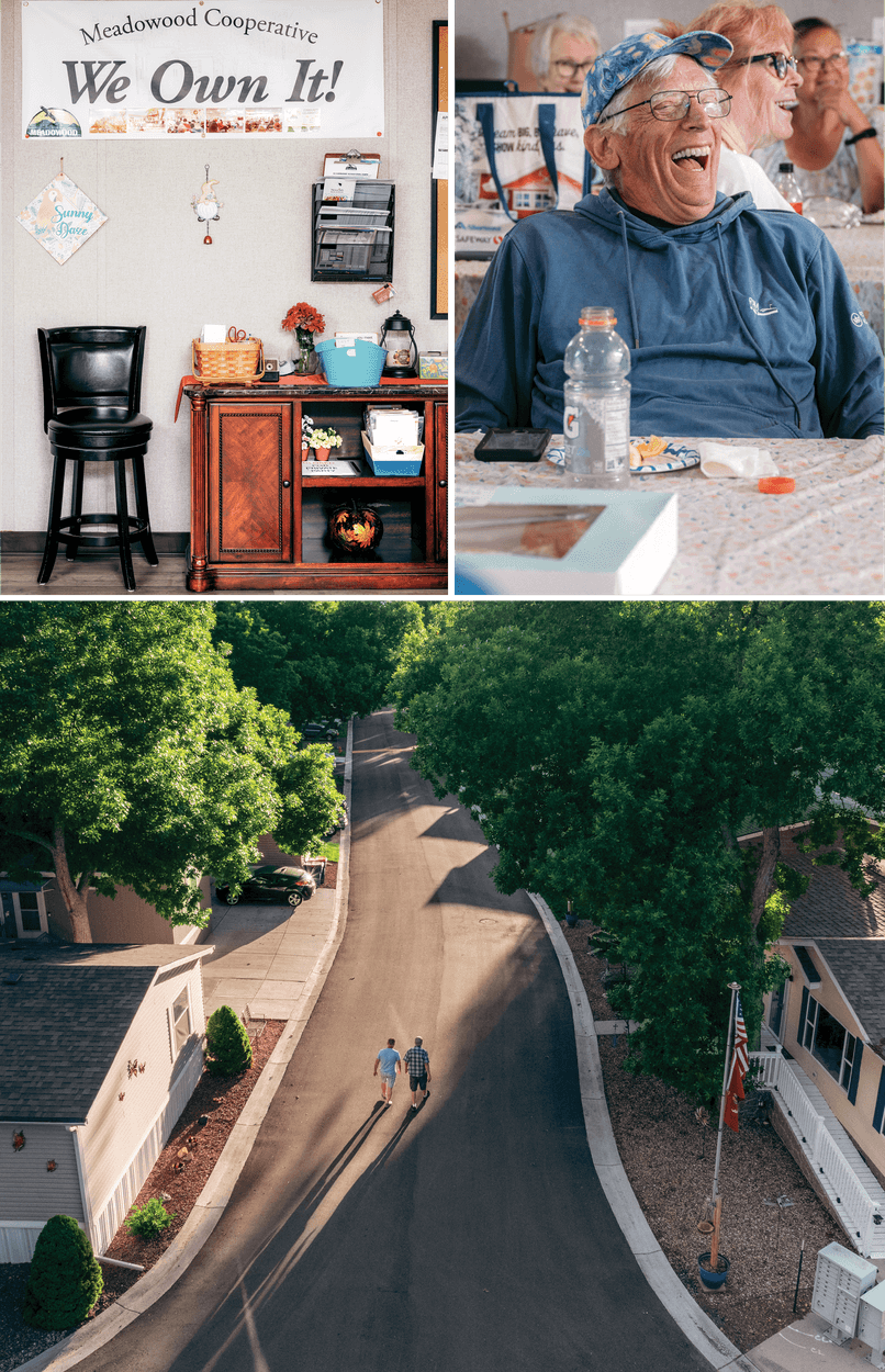 Photograph of a wall in a room with a sign on the wall that reads Meadowood Cooperative, We Own It!. Photograph of an older man sitting in a chair, wearing a blue hoodie and a blue cap and laughing. Top view of two people walking an empty serene street together in the Meadowood neighborhood 
