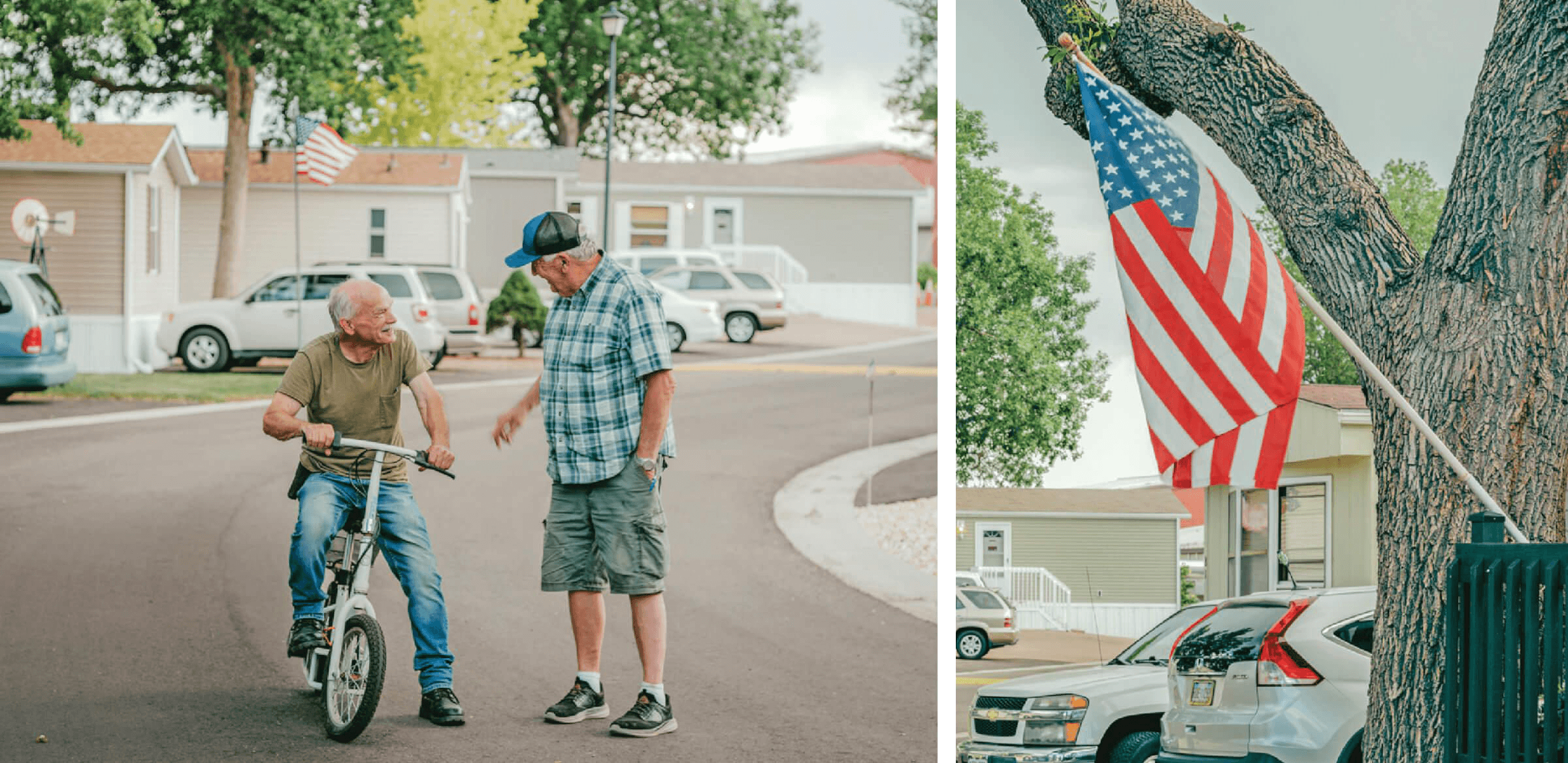 Photograph of Colorado neighbors, Bob Mostek and John Richards talking. One is on the bike while the other stands and talks to him. Photograph of the American flag flying in the wind 