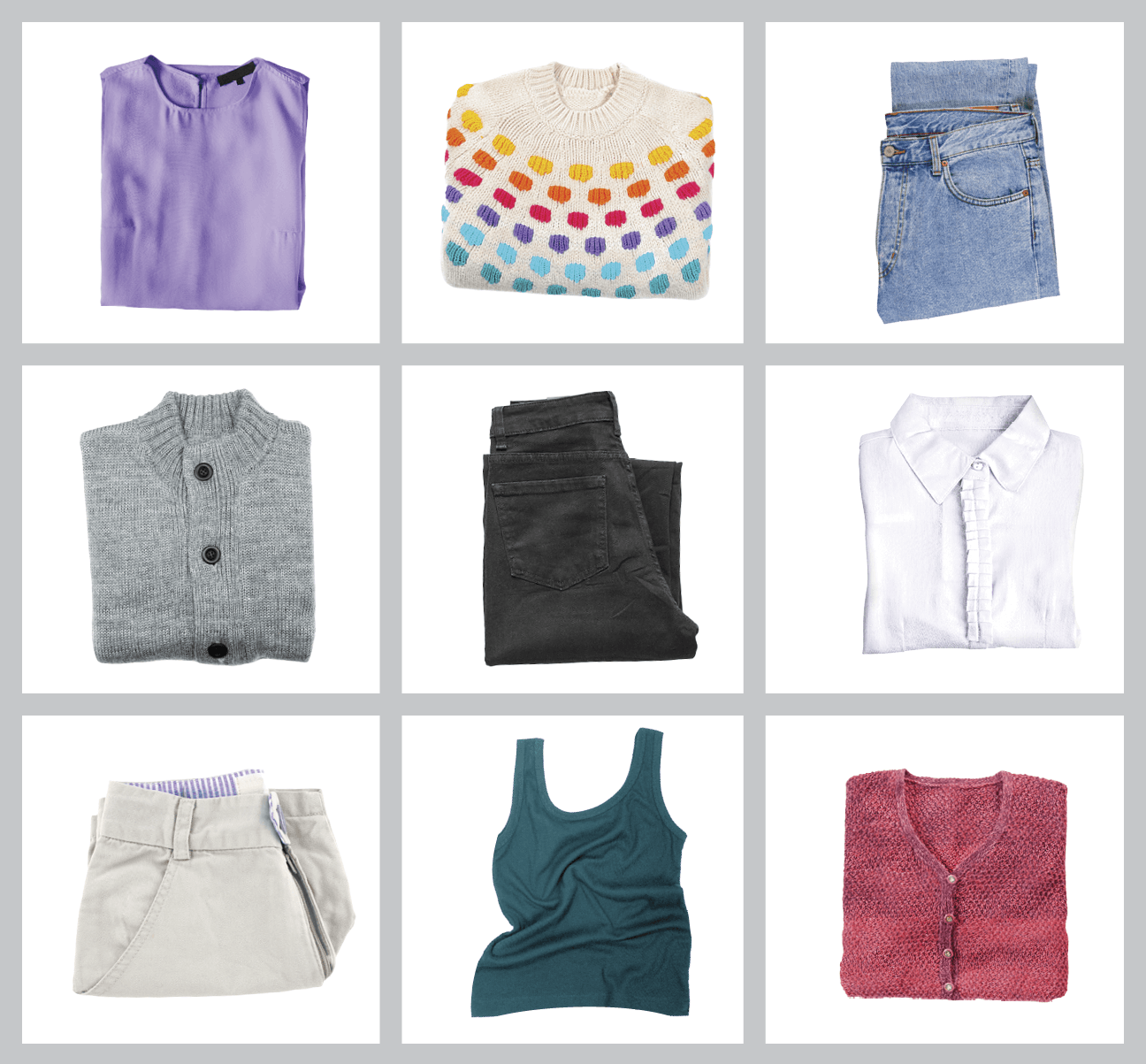 Collage of various clothes folded in a grid 