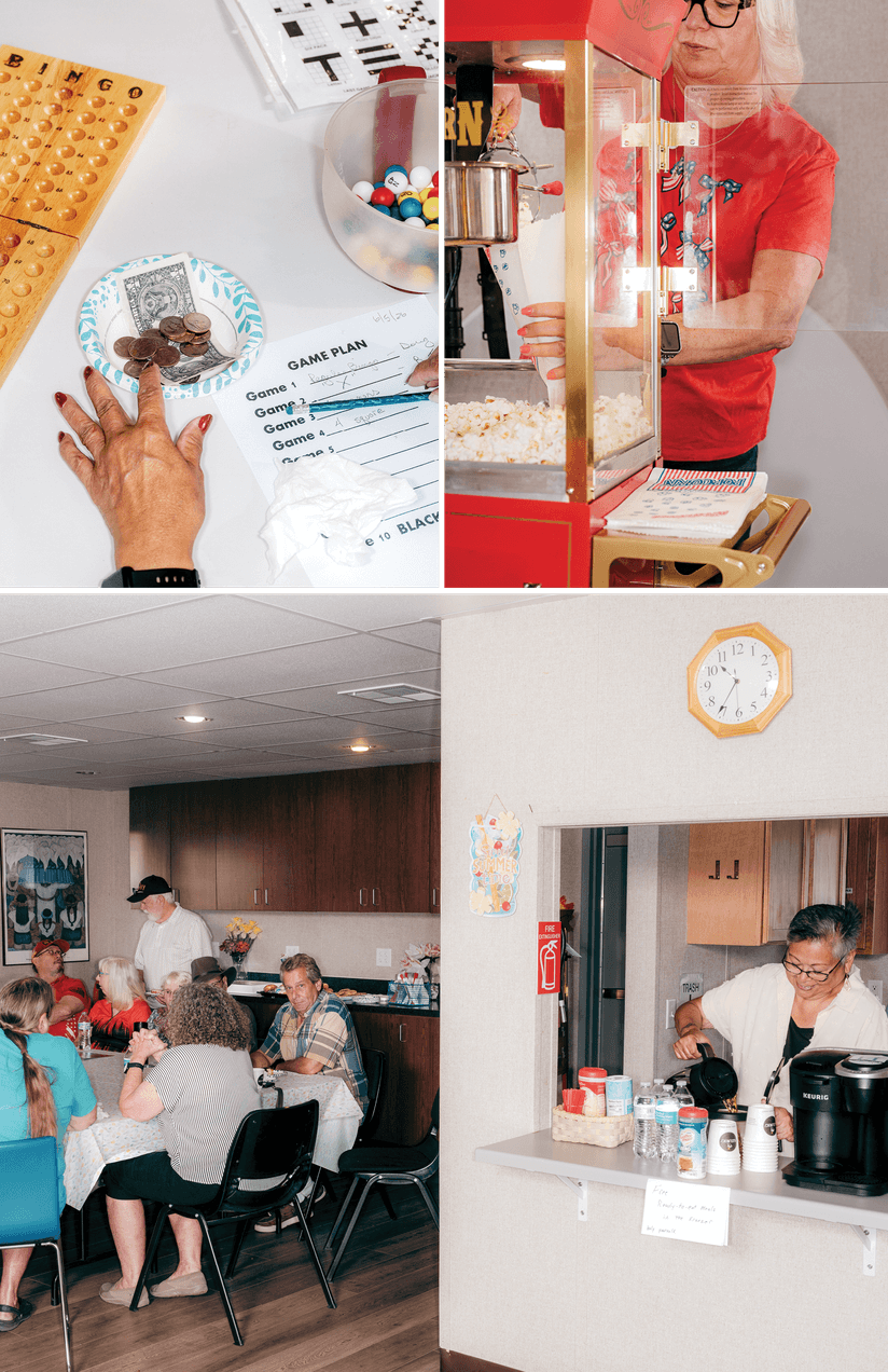Top view of a person sitting at a table and holding a sheet of paper that says Game Plan. Image of an older woman getting popcorn. Photograph of a bunch of people sitting down at a table and playing Bingo together 