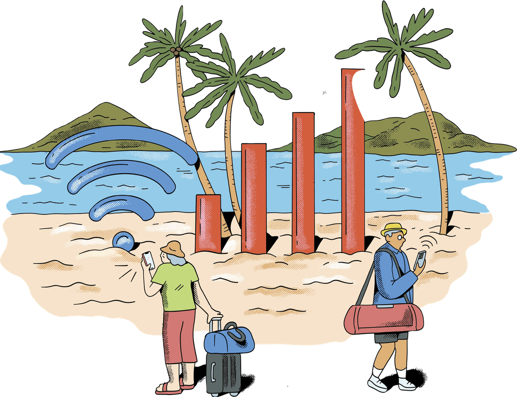 Illustration of a couple of at a beach with a big wifi symbol sitting on the sand 