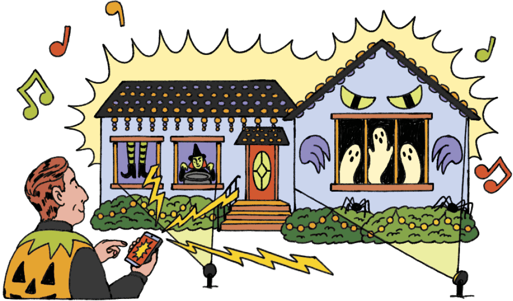 Illustration of a house decked out in lights and Halloween décor