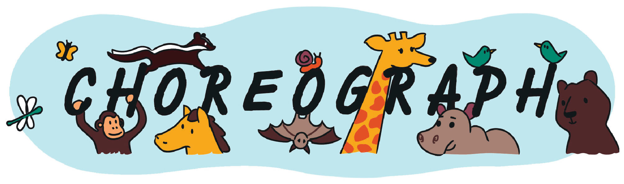 Illustration of the word Choreograph surrounded by several animals 