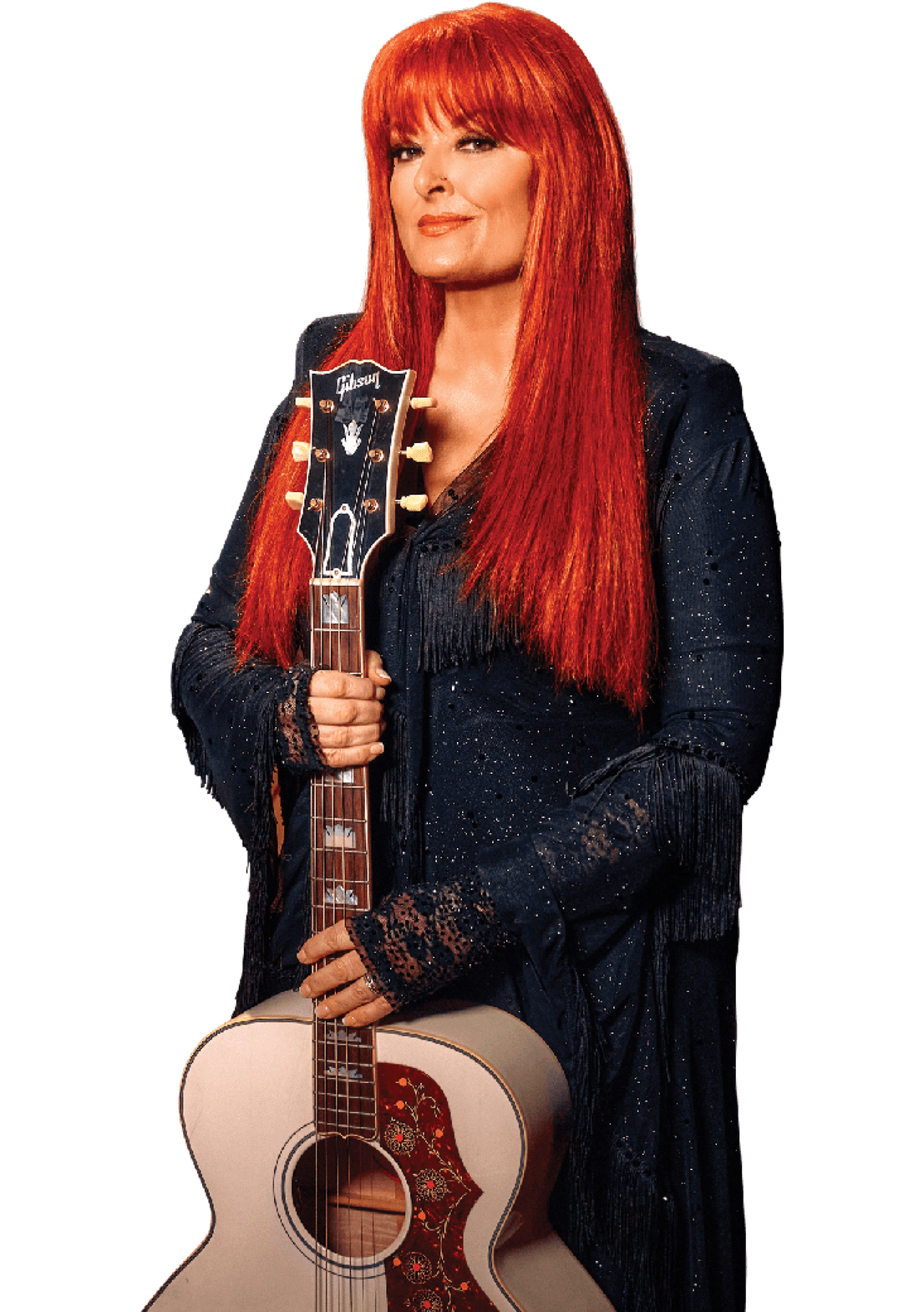 Portrait of Wynonna Judd wearing a black sequence dress and holding a guitar 