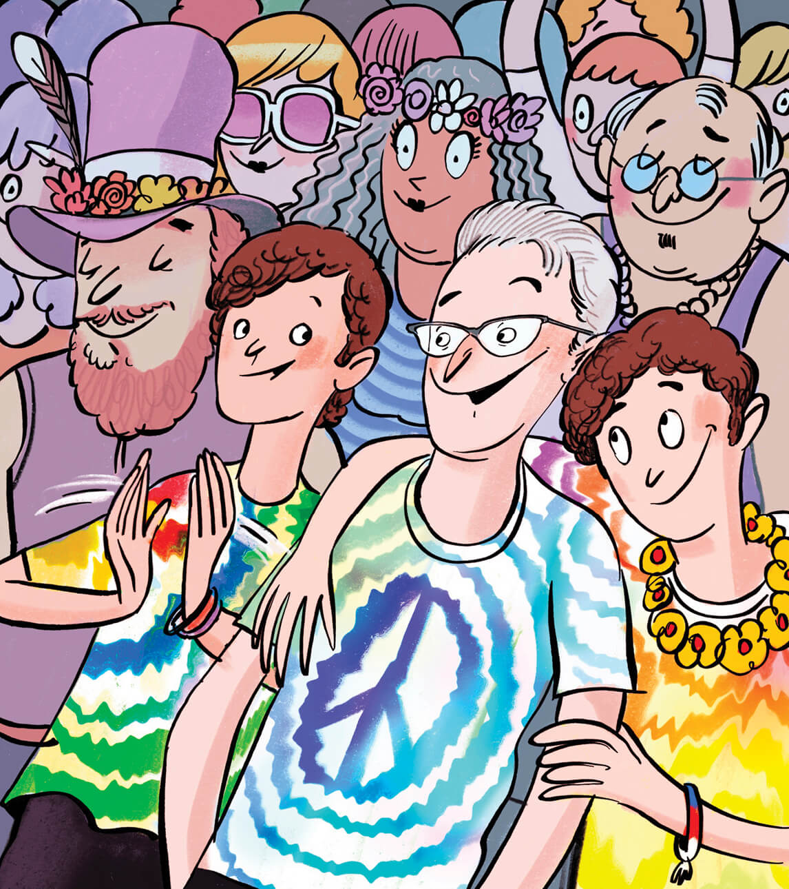 Humorous illustration of a dad sitting between his two teen boys at a rock concert